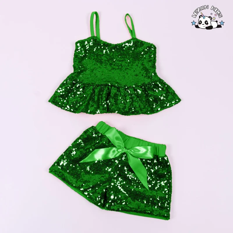 LEZONKIDS - Custom Logo Summer Girls Casual Cotton Suspender Vest Sequins Top Shorts Suit